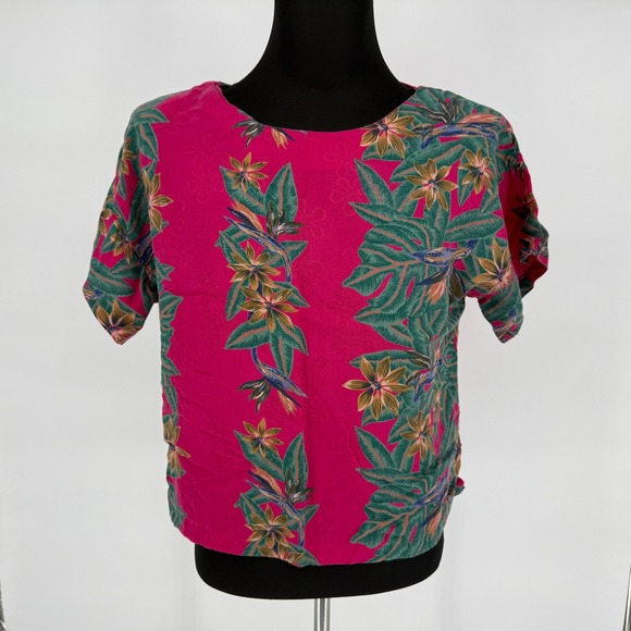 Reyn Spooner Pink Tropical Hawaiian Floral Top Blouse Women's M Shoulder Pads - Picture 1 of 4